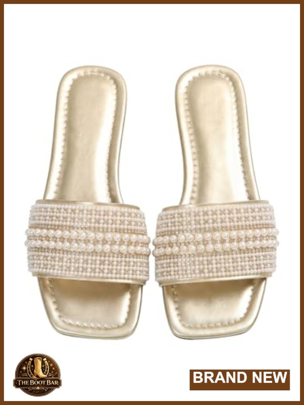 Elegant Pearls Flat Sandals Leather Square Open Toe Slide Sandals